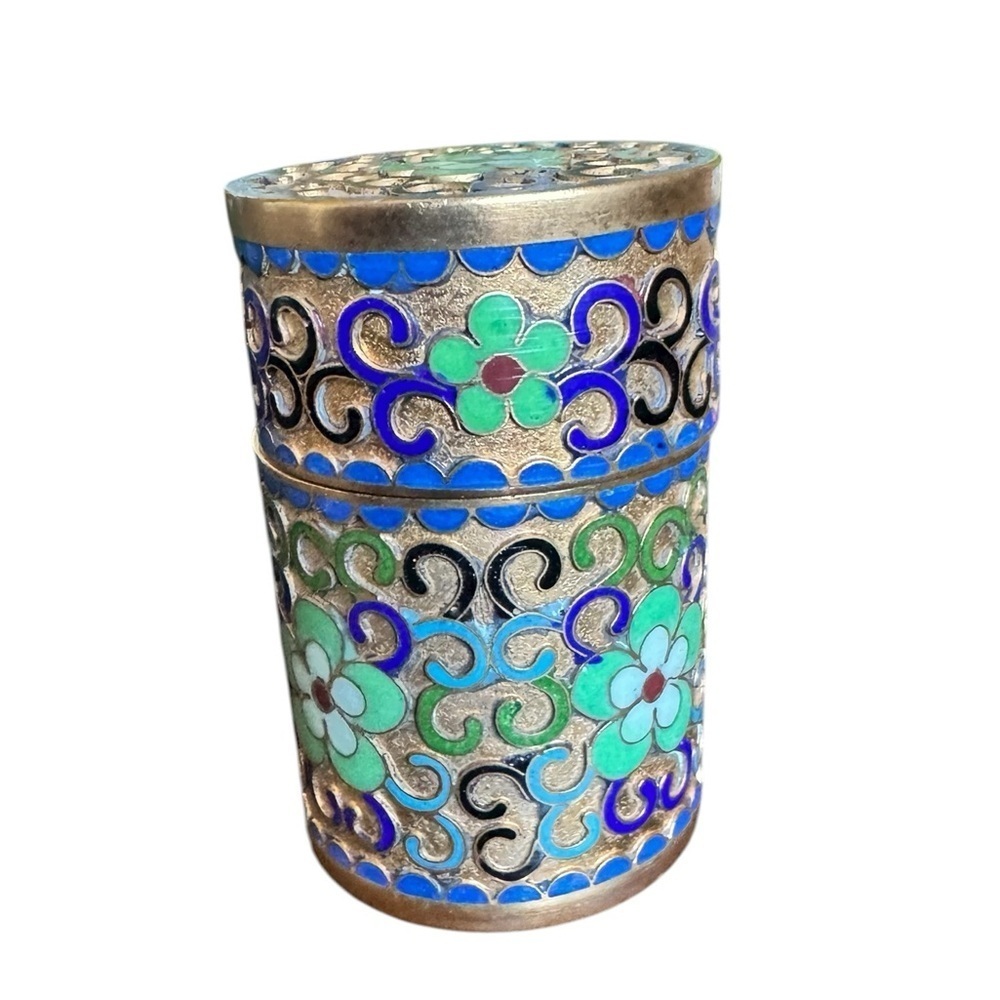 Antique Cloisonné Round Floral  Trinket Box